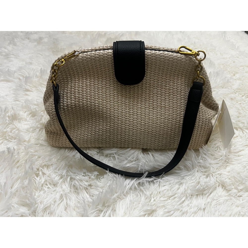 Free Assembly NWT Woven Raffia Clutch Shoulder Bag Cream Black Gold Hardware